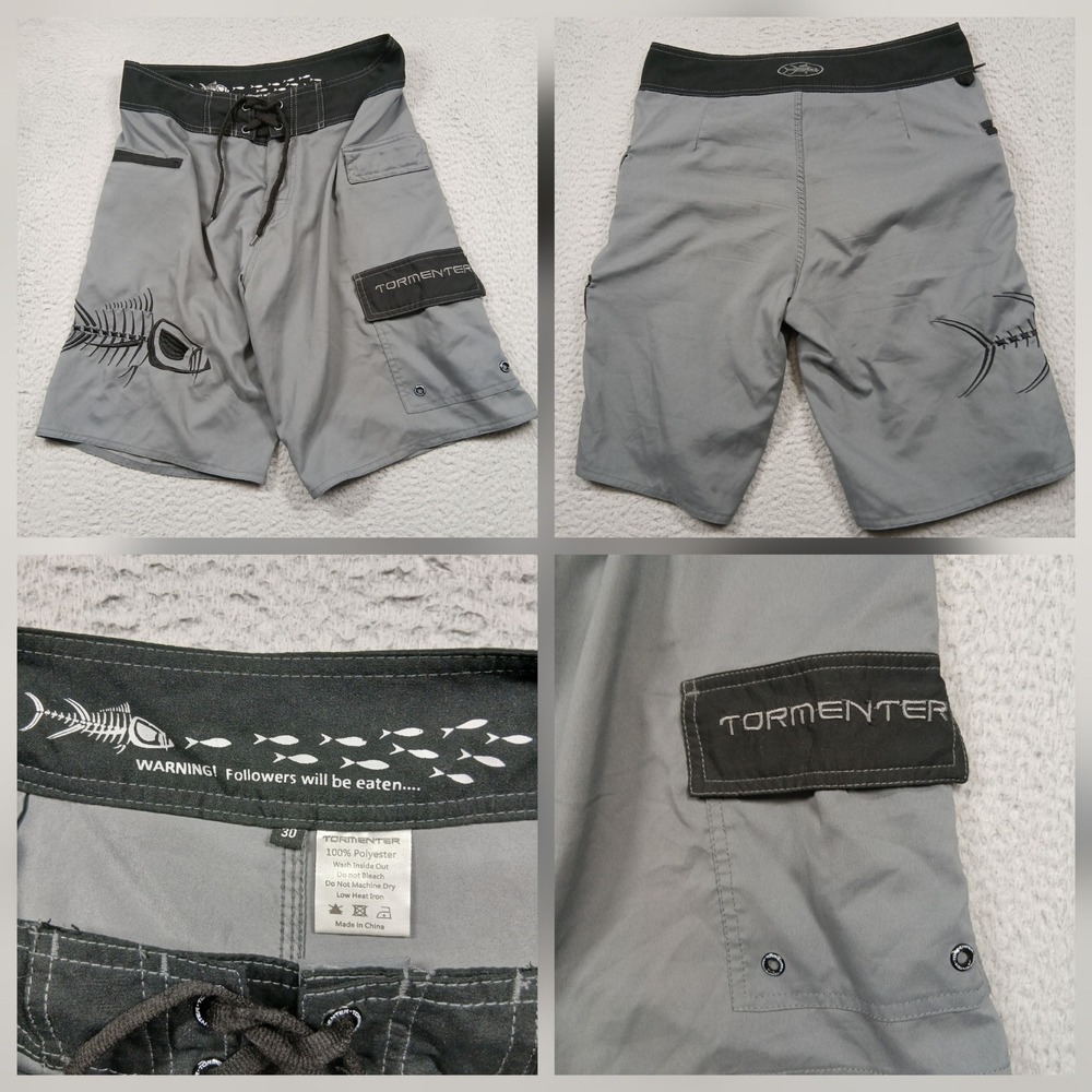 Tormenter Board Shorts‎ Men's 30 Gray Fishing Skull Graphic Surf Swim Trunks